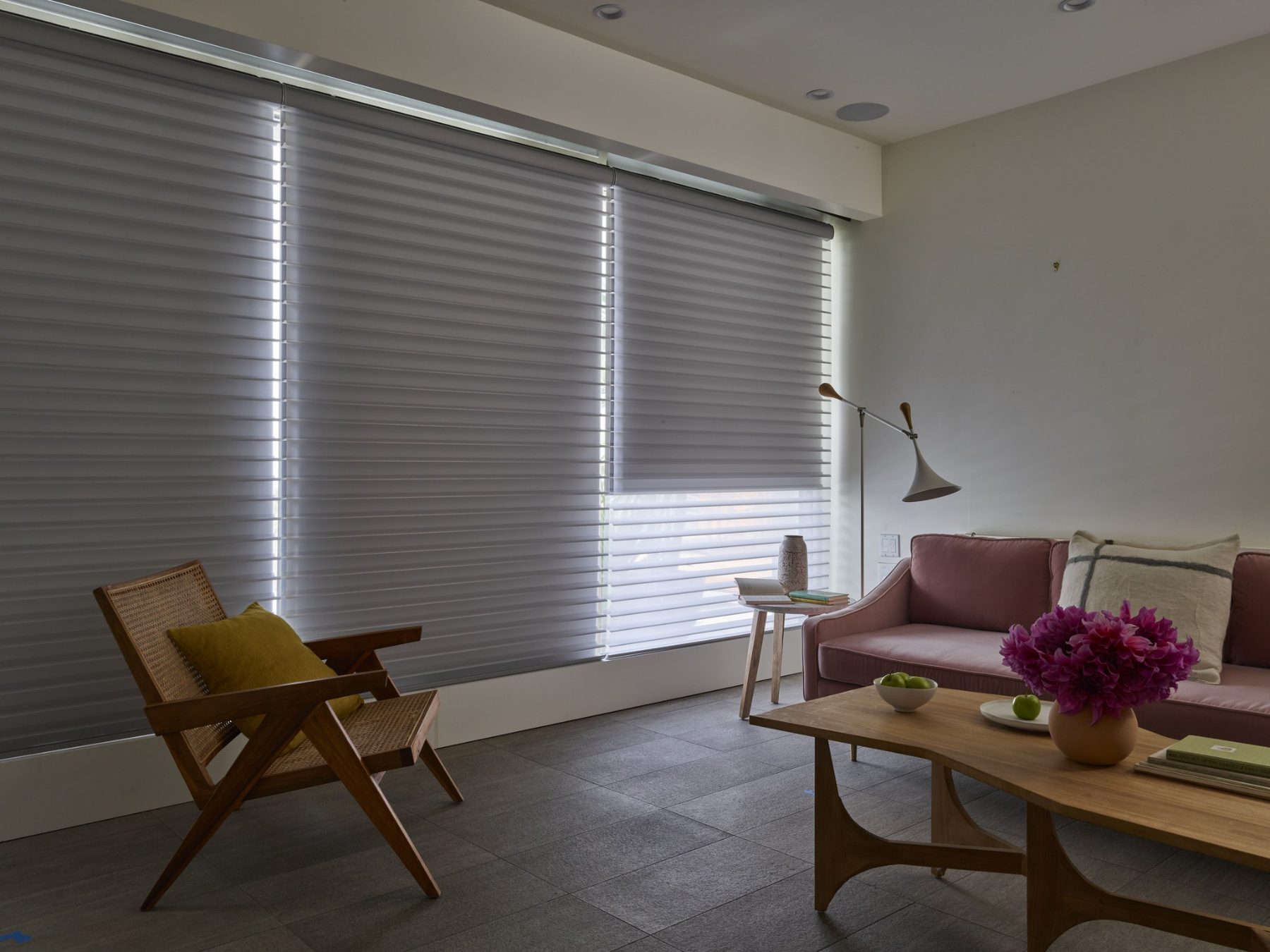 Silhouette window shadings in a bright Kansas City living room