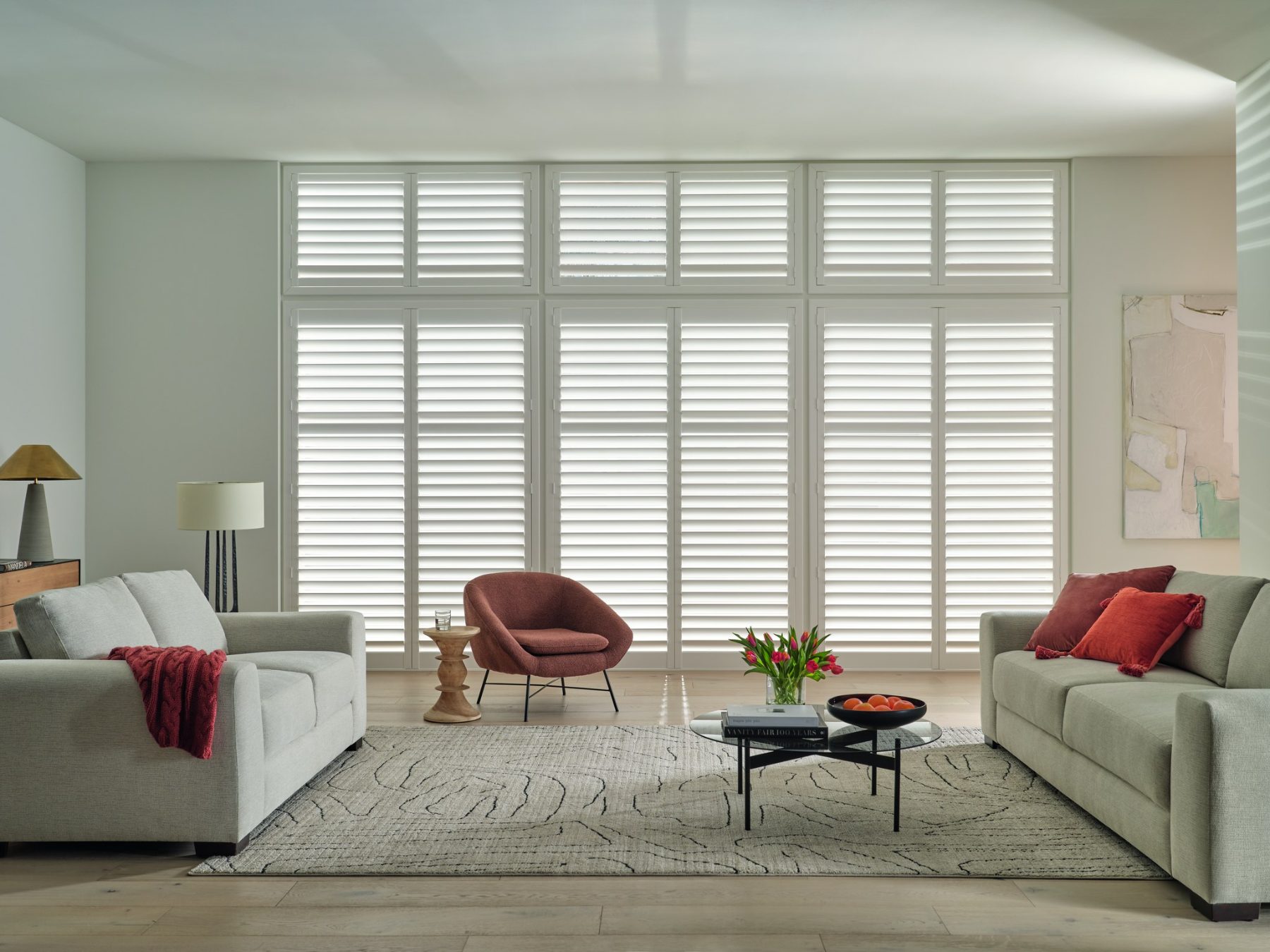 Palm Beach polysatin shutters in a bright Kansas City living room