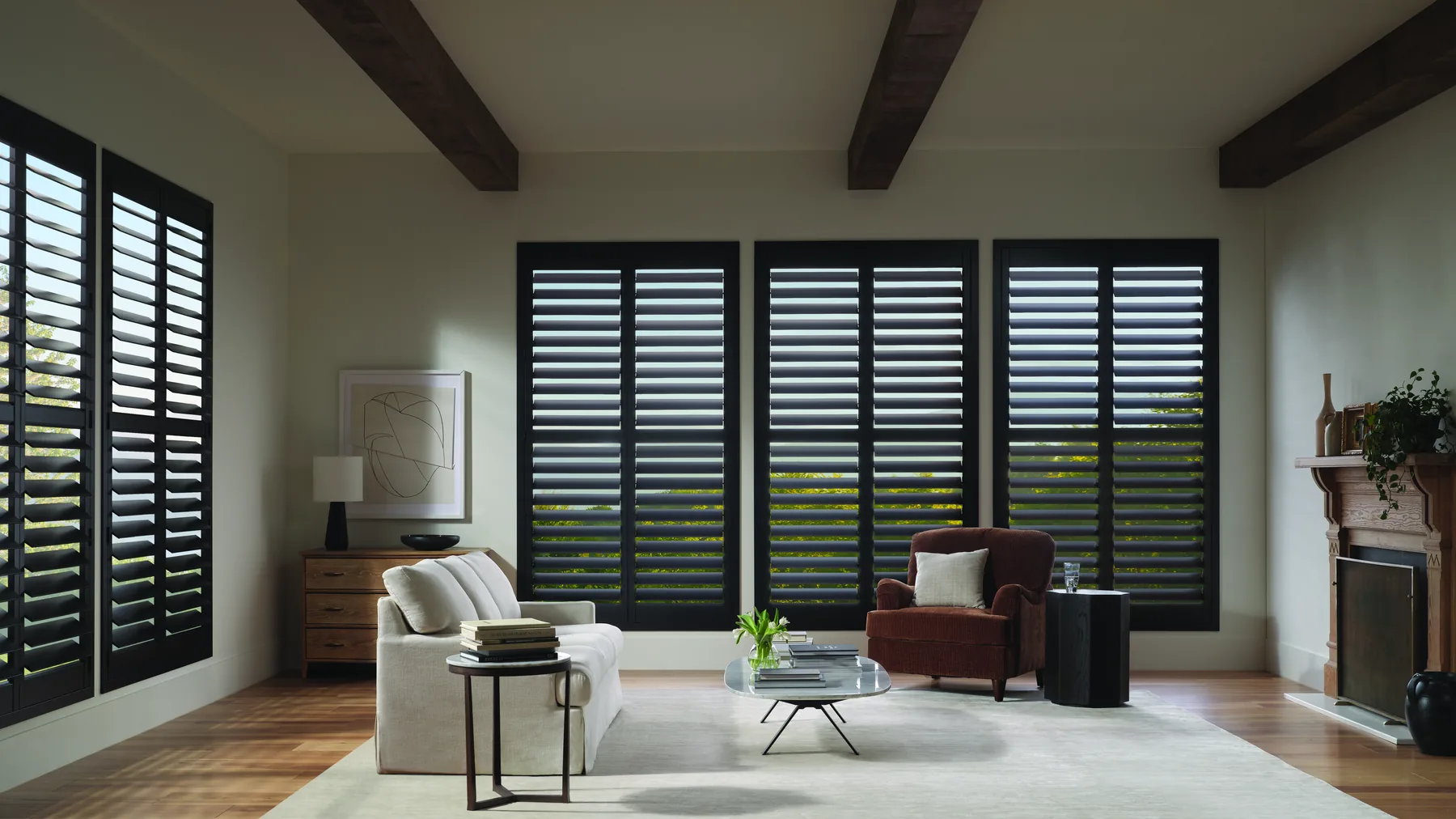 Custom Hunter Douglas shutters in a bright Kansas City living room