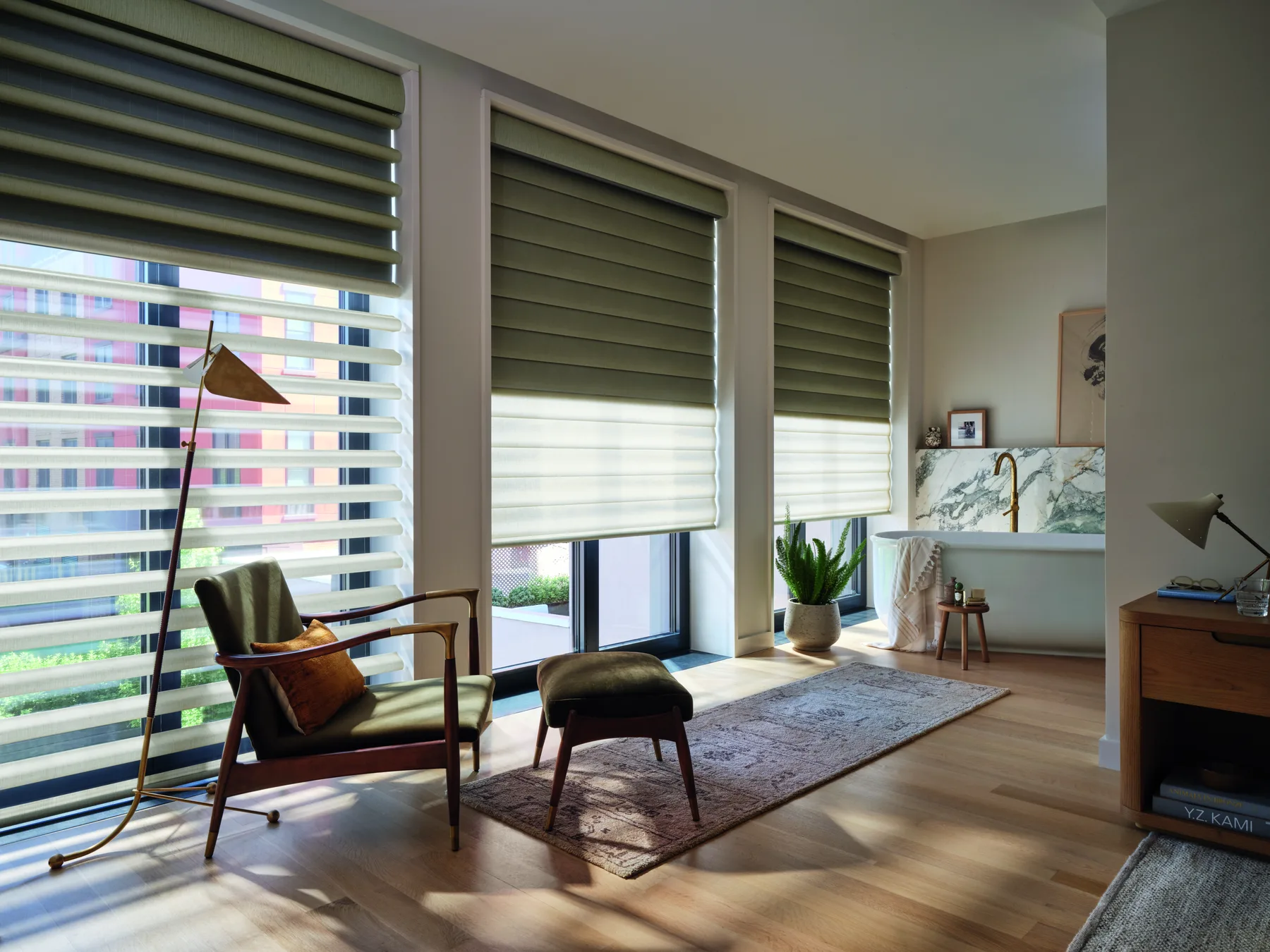 Motorized Hunter Douglas shades in a modern Kansas City living space