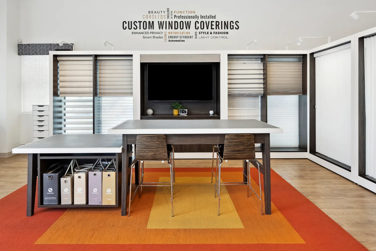 Consultation table and Hunter Douglas product displays inside the One Stop Decorating showroom